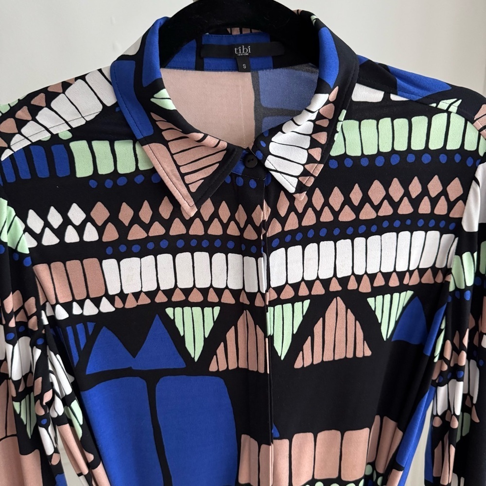 Tibi Long Sleeve Abstract Blue, Black, White Midi Dress Size Small - Picture 3 of 4